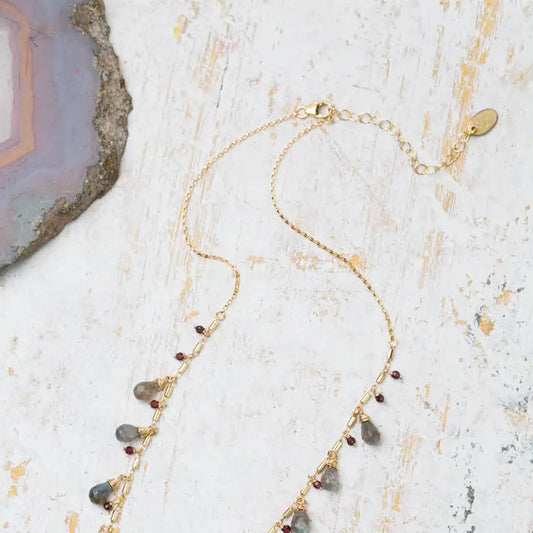 Labradorite Drop Briolette and Garnet Dangles Statement Necklace